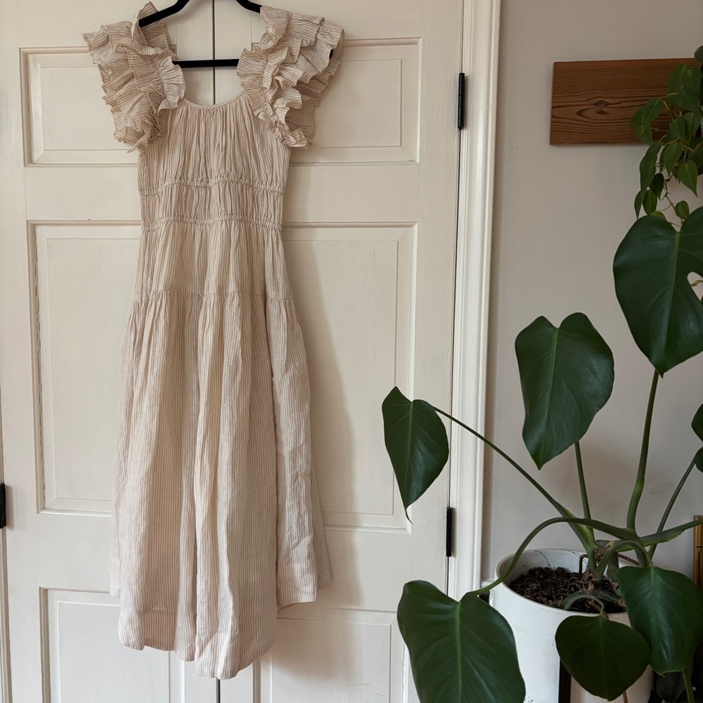 Ulla Johnson Rissa Dress Sand Linen Striped Ruffle Nap Midi Dress Size 2 Beach - Picture 10 of 16